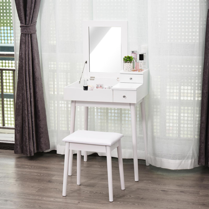 Coiffeuse table de maquillage avec tabouret miroir rabattable coffre + 2 tiroirs MDF bois massif pin blanc