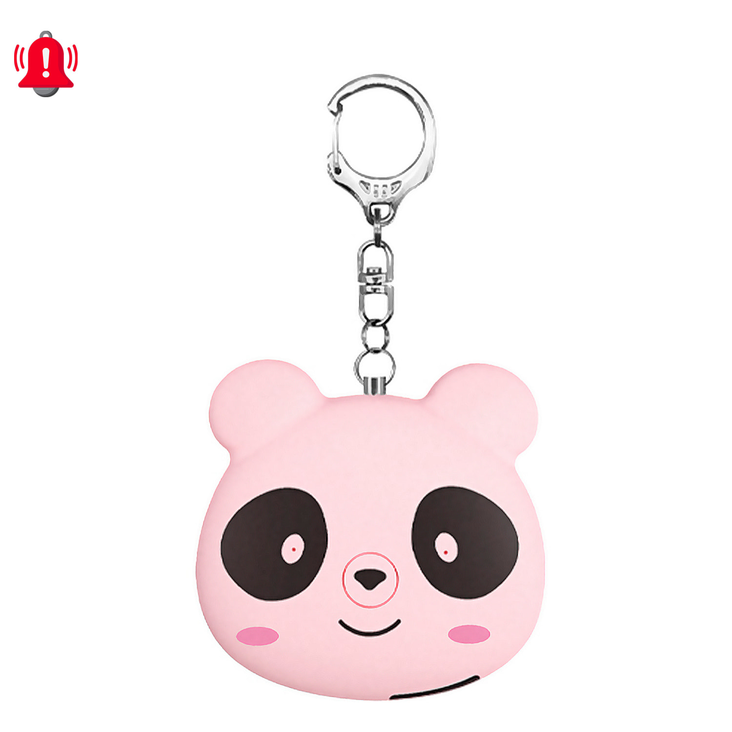 Allarme SOS personale con design panda e suono di 130dB. Batteria ricaricabile e attivazione rapida tirando l'anello.