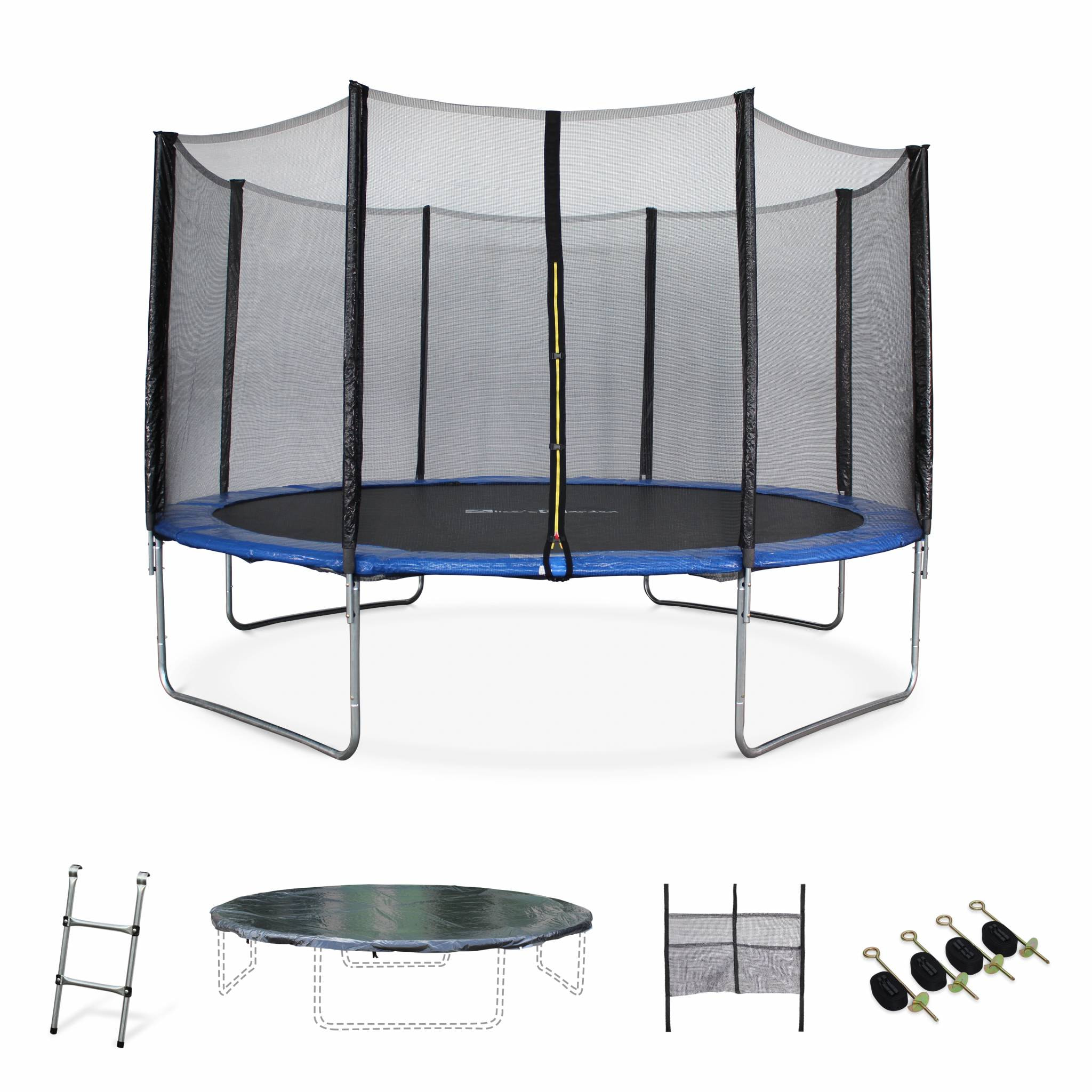 Trampoline 400cm bleu avec filet de protection.  échelle. bâche. filet pour chaussures. kit d'ancrage  - Mercure XXL- Trampoline de jardin 400 cm 4m|Qualité PRO|Normes EU