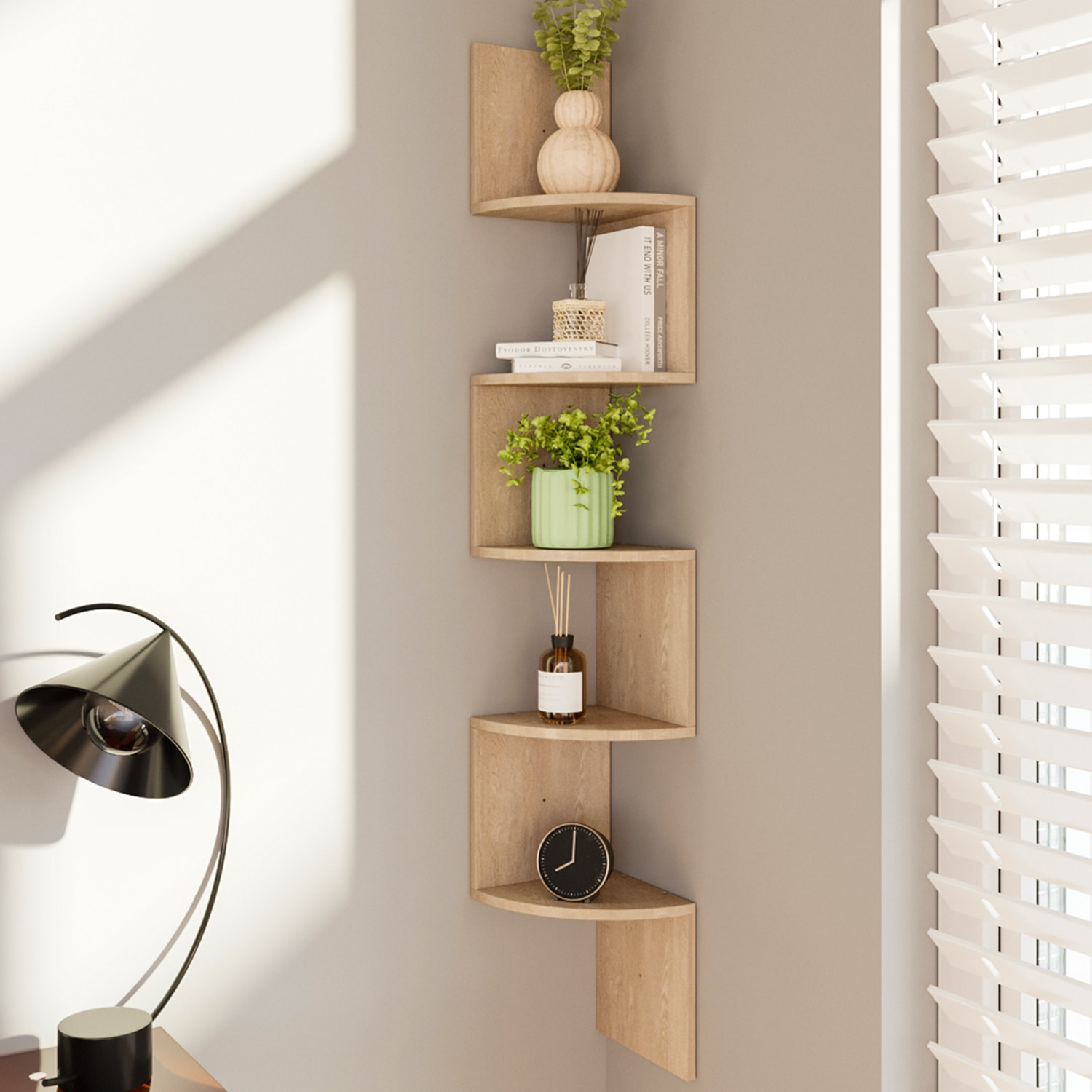 Libreria Angolare Scaffale 5 Ripiani Legno MDF Mensole Espositive da Parete Design Moderno Elegante Casa Soggiorno Salotto Studio 123x20x20 cm Rovere