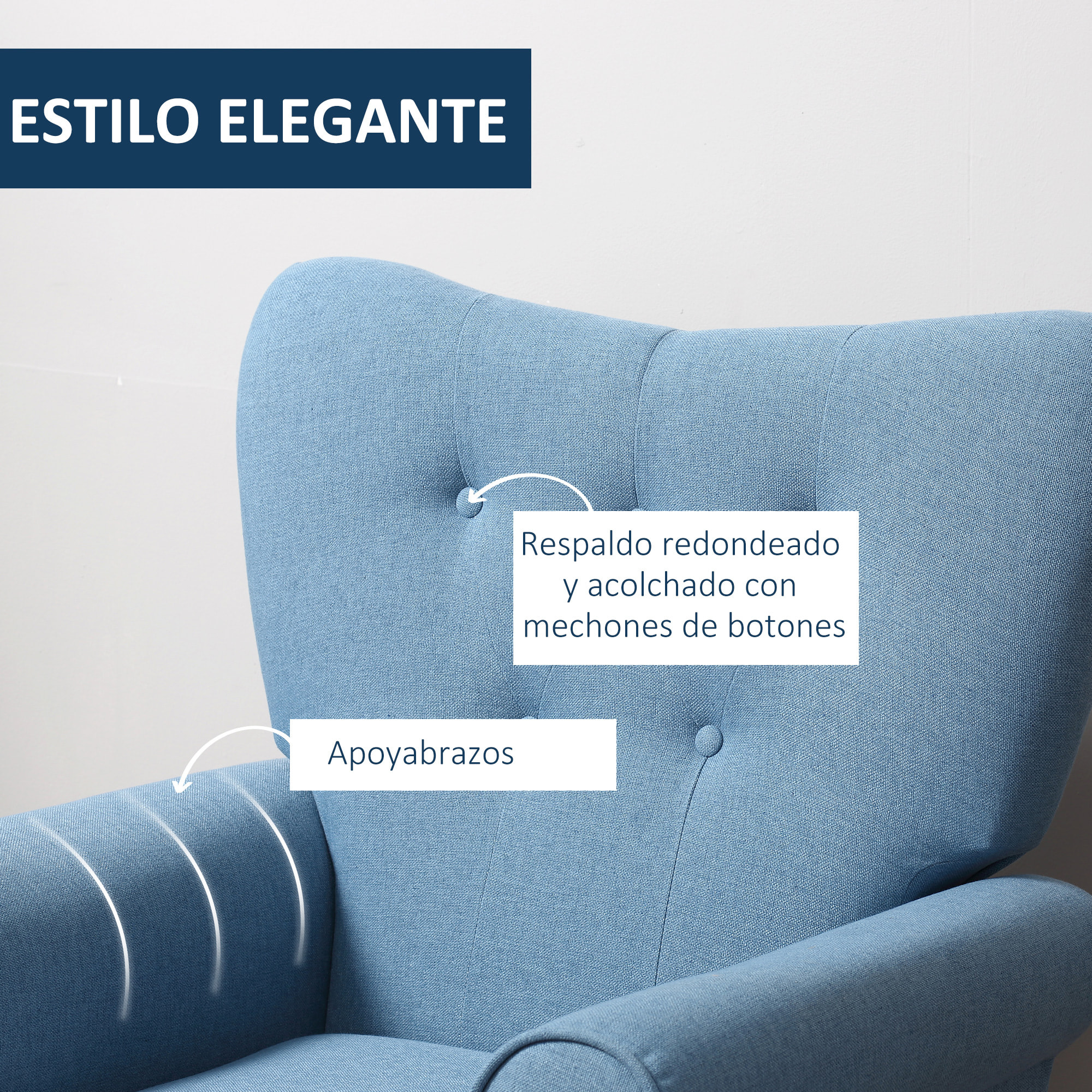 HOMCOM Butaca de Salón Tapizada en Tela Sillón Relax con Reposabrazos Asiento Acolchado y Patas de Madera Estilo Moderno para Dormitorio 78x74x97 cm Azul