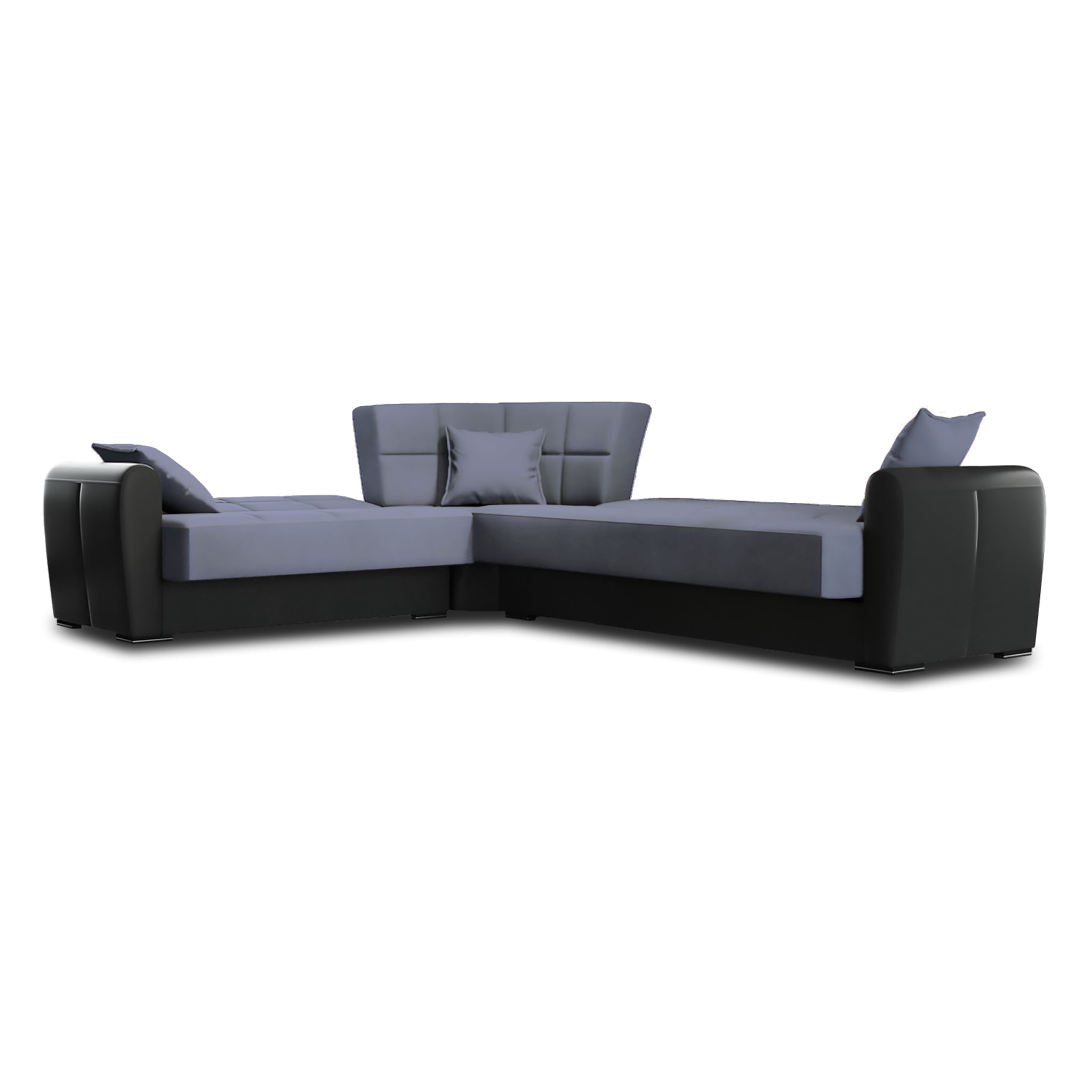 Divano letto Matias, Divano letto contenitore ad angolo in ecopelle e tessuto, Sofà da soggiorno con apertura click-clack e penisola reversibile, 305x238h91 cm, Nero e Grigio