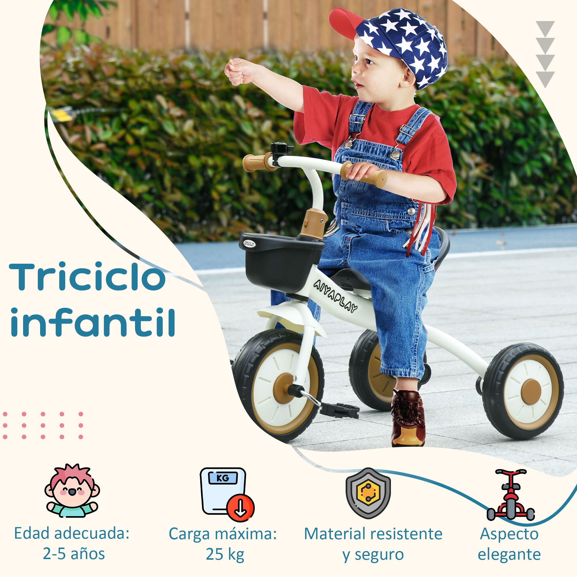 Triciclo para Niños de 2 a 5 Años Bicicleta Infantil con Asiento Ajustable Cesta Timbre Pedales y 3 Ruedas Carga 25 kg 70,5x50x58 cm Crema