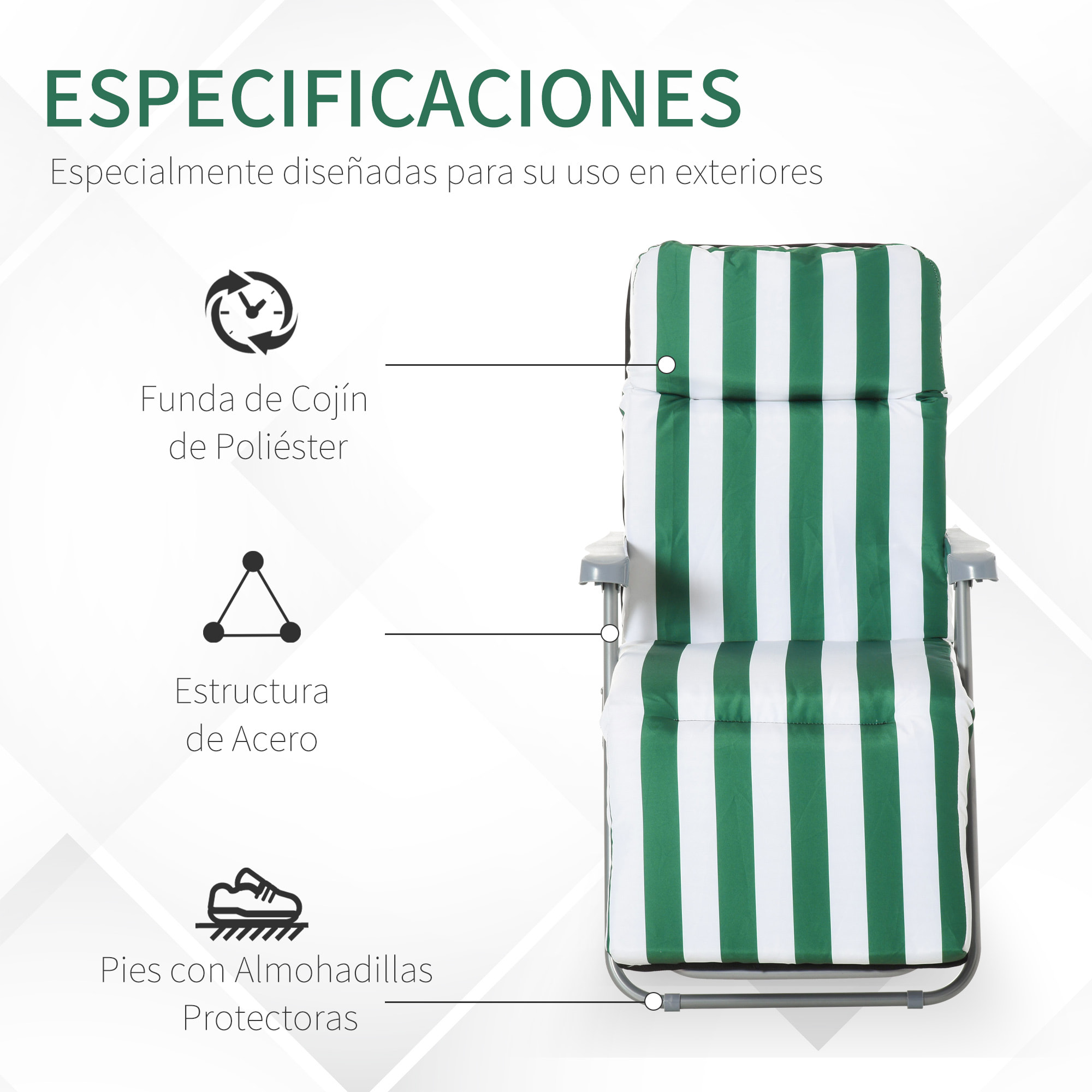 Conjunto 2 Tumbonas para Playa de Acero Verde y Blanco