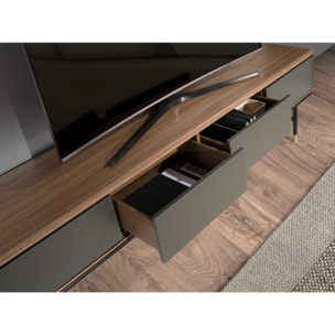 Mueble TV de madera de MDF en gris oscuro mate y patas de acero inoxidable en negro tapa de madera chapada en nogal 200x45x50cm