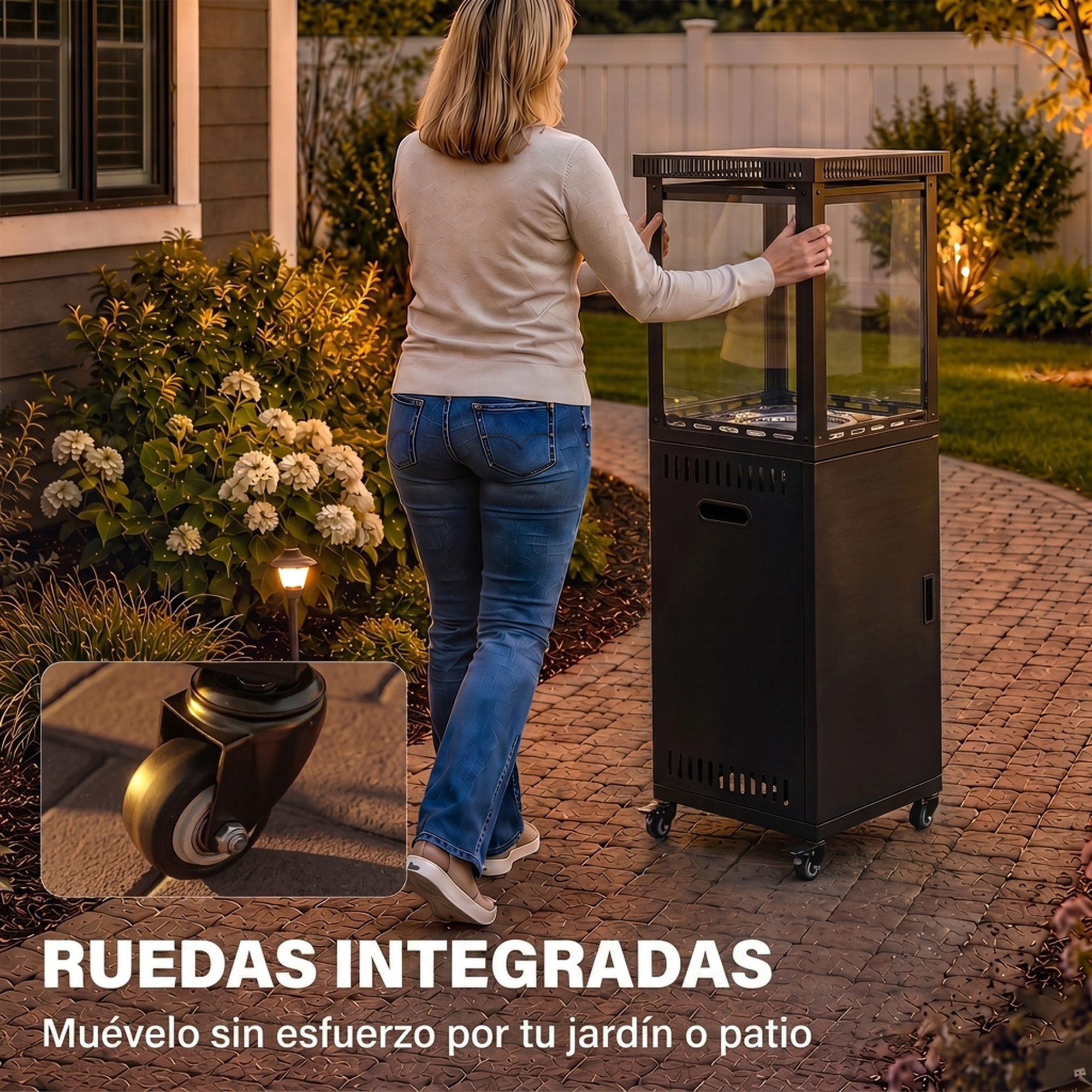 Estufa de Gas Butano Exterior, 13 kW, Calefactor de Gas Terraza con Regulación Continua del Calor, Encendido Piezoeléctrico, Antivuelco, 4 Ruedas, Vidrio Templado y Piedras Lava, 30 m² Negro