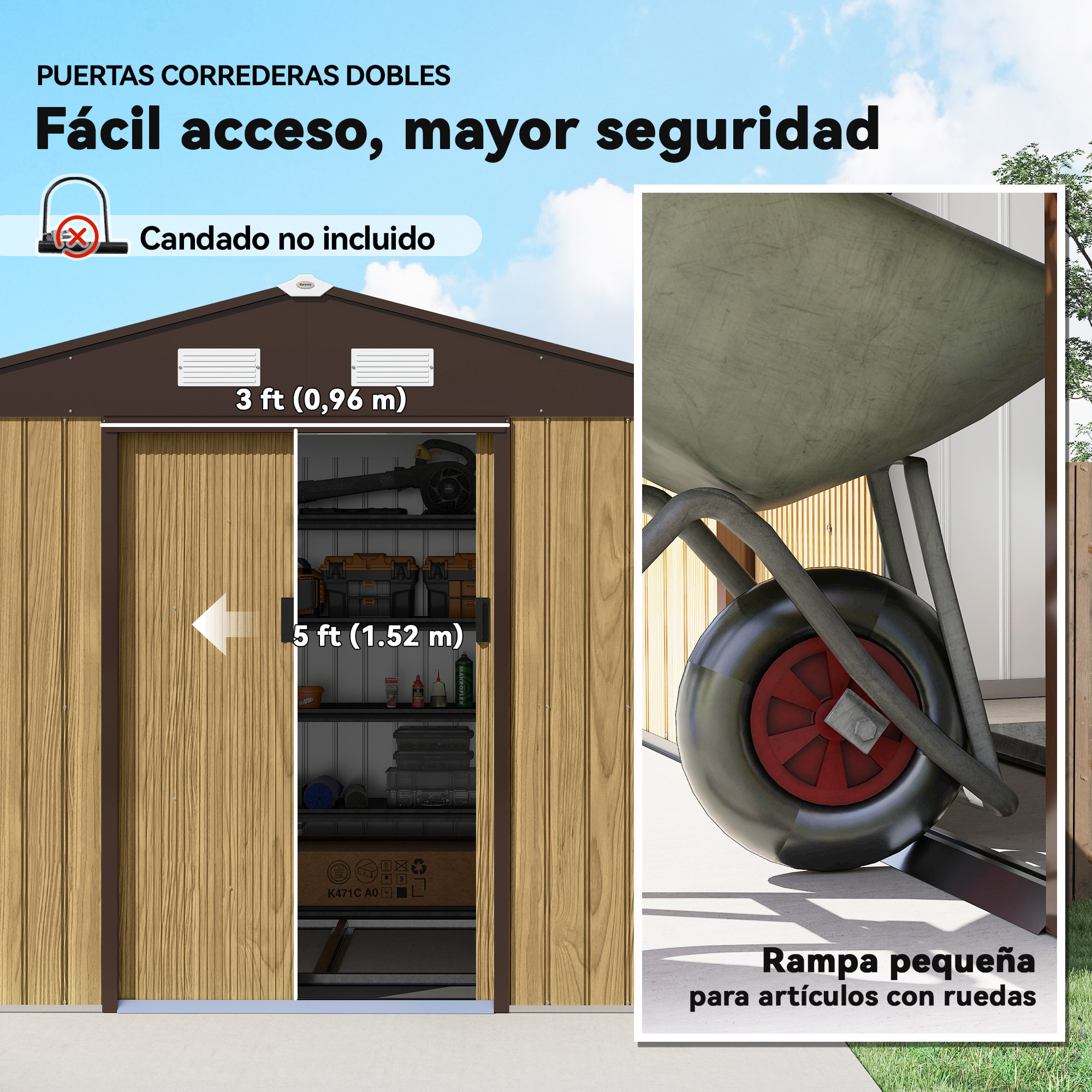 Caseta de Jardín Exterior 4,9 m², 277x195x192 cm, Cobertizo de Jardín Exterior Metálico con Puerta Corredera, Ventilación y Kit de Fundación, para Almacenamiento de Herramientas, Marrón Claro