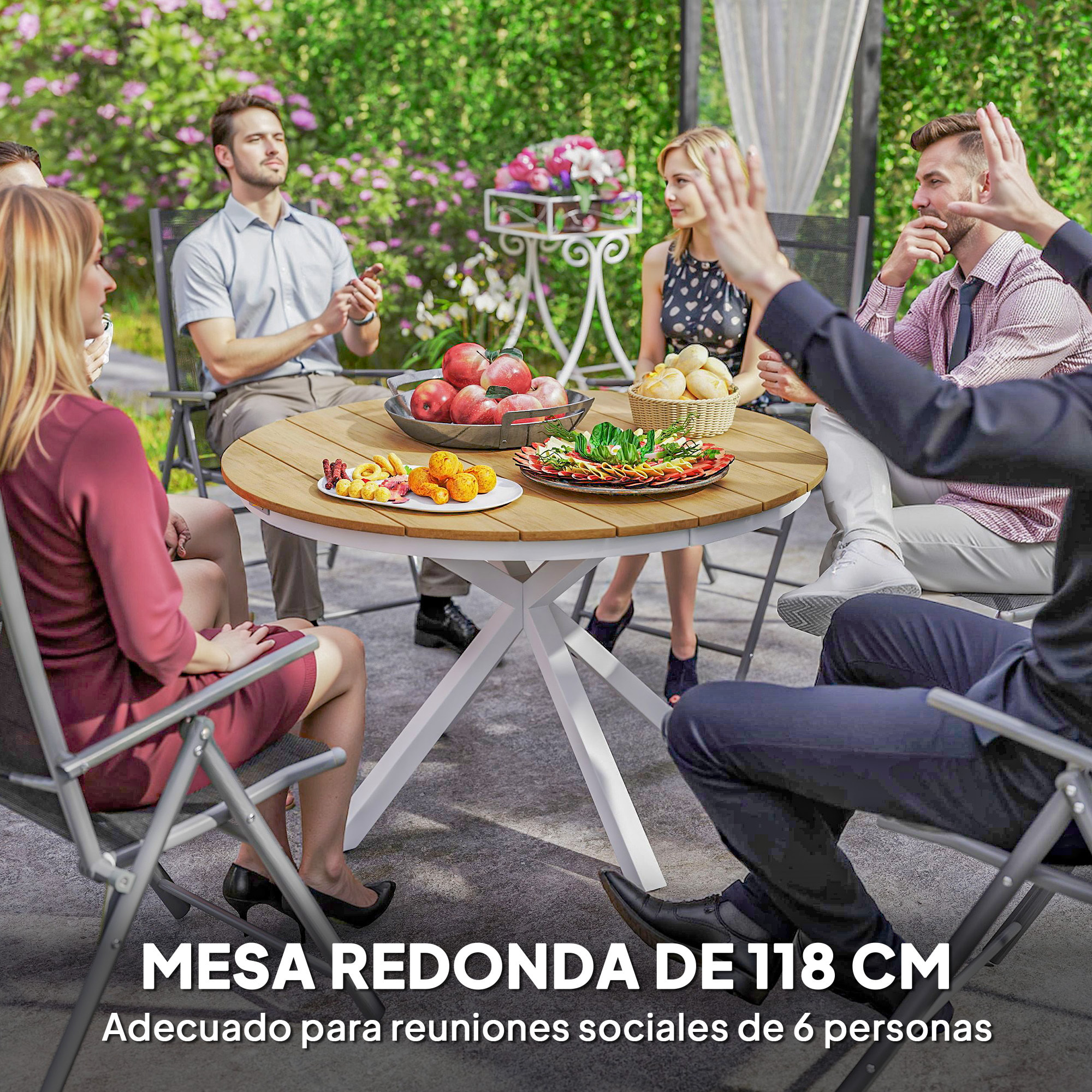 Mesa de Jardín Redonda Mesa de Terraza Exterior Ø118x74 cm con Estructura de Aluminio Patas Cruzadas y Encimera de Listones Carga 70 kg para Patio Balcón Teca