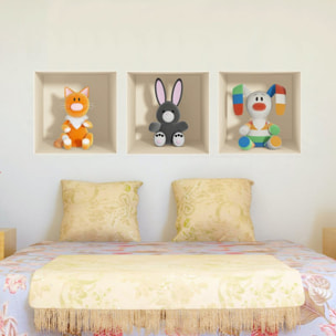 Stickers muraux 3D | Sticker Mural Autocollant effet 3D jouets Chat, lapin gris et lapin en couleur - Stickers adhésifs 3D Chambre Salon Trompe l'oeil