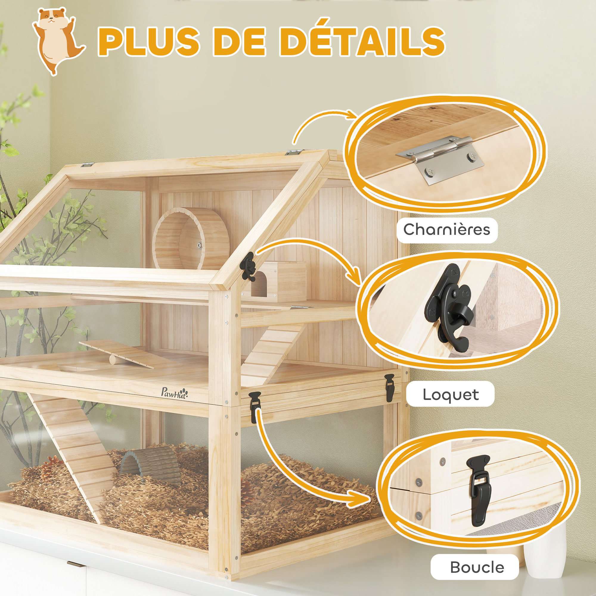 Cage rongeur hamster en bois dim.80x50x76cm 3 niveaux rampes roue bascule cabane