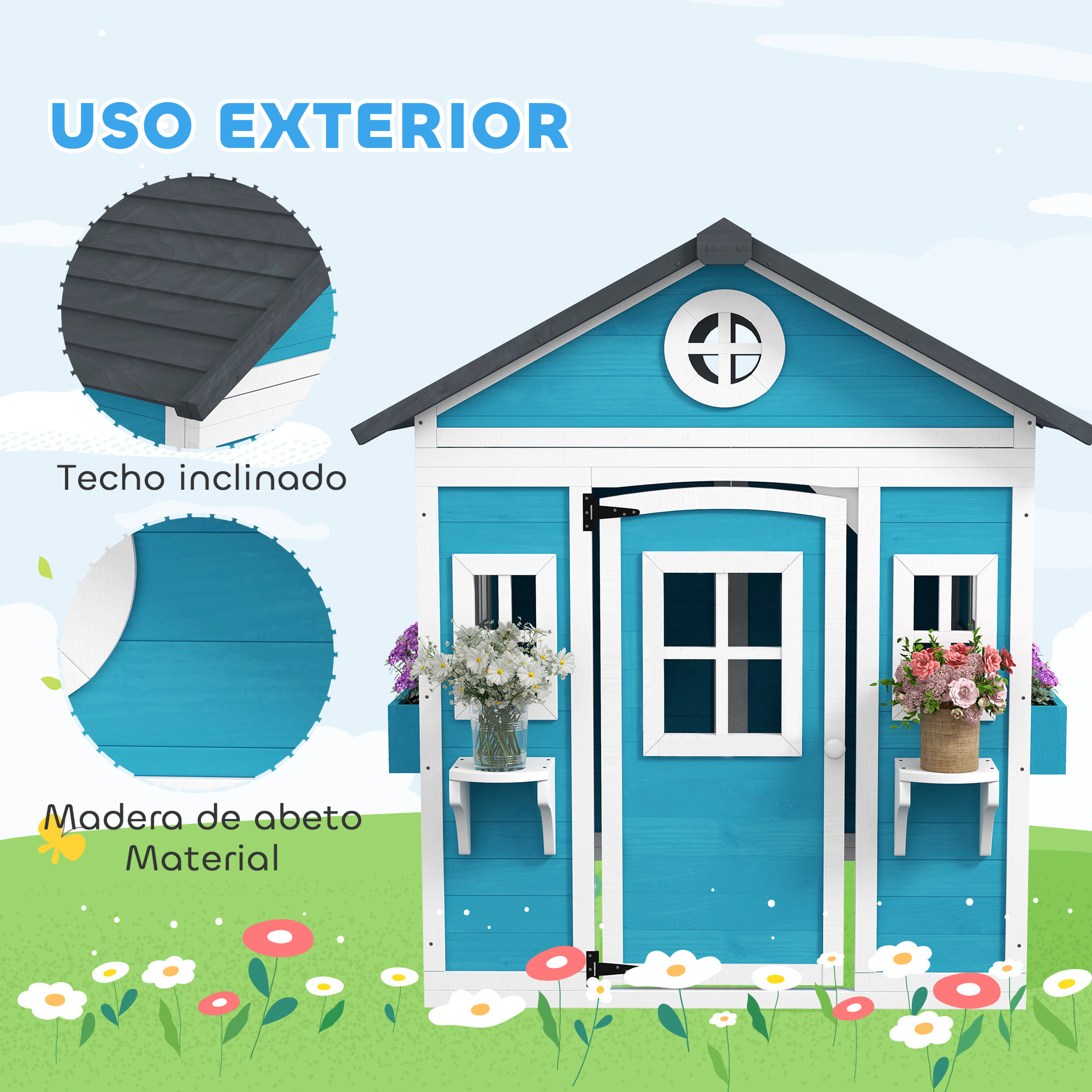 Casa de Jardín Infantil Casa de Madera para Niños con Puerta Ventanas Jardineras y Soportes de Flores 114x126,4x135 cm Azul