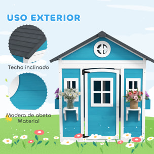 Casa de Jardín Infantil Casa de Madera para Niños con Puerta Ventanas Jardineras y Soportes de Flores 114x126,4x135 cm Azul