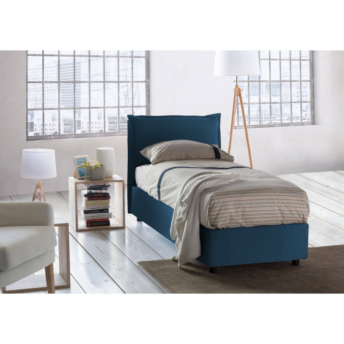 Letto singolo Penelope, Letto contenitore con rivestimento in tessuto, 100% Made in Italy, Apertura frontale, con materasso Cm 90x190 incluso, Blu