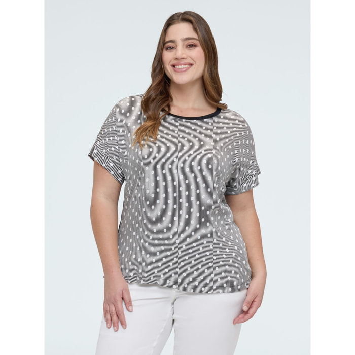 Fiorella Rubino - T-shirt bimaterica a righe e pois - Nero