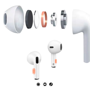 Cuffie TWS R6, Bluetooth 5.2. Controllo touch per la riproduzione musicale e le chiamate.