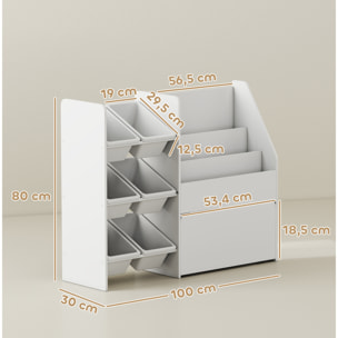 Rangement enfant 3 en 1 - structure bacs x 6, coffre à jouet, bibliothèque - blanc