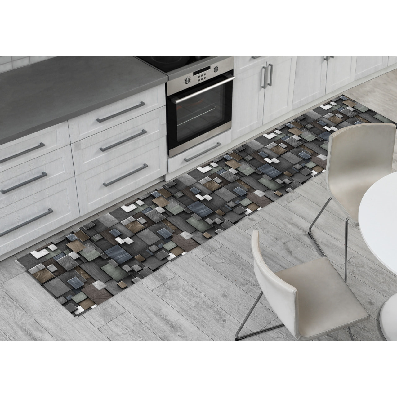Tappeto Passatoia Corsia Cucina Ingresso Antimacchia Disegno Quadri 3d Grigio 3765