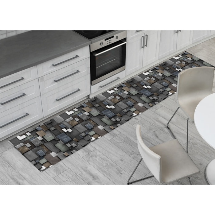 Tappeto Passatoia Corsia Cucina Ingresso Antimacchia Disegno Quadri 3d Grigio 3765