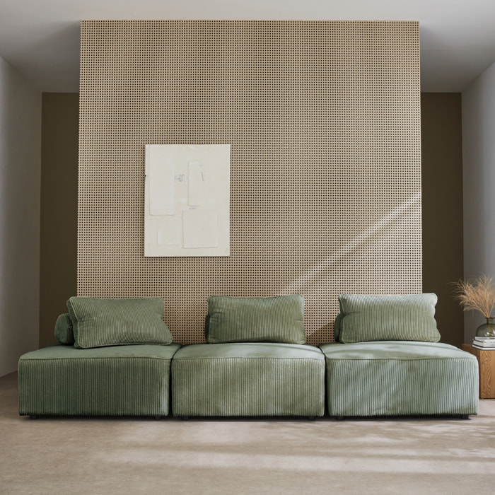 Lot de 3 chauffeuses pour canapé  modulables velours côtelé vert avec un coussin
