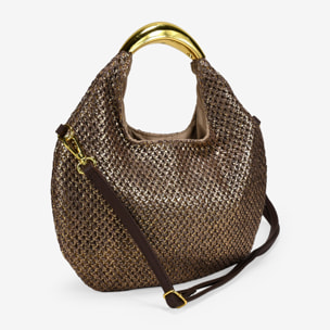 Bolso de mano dorado en rafia con metal