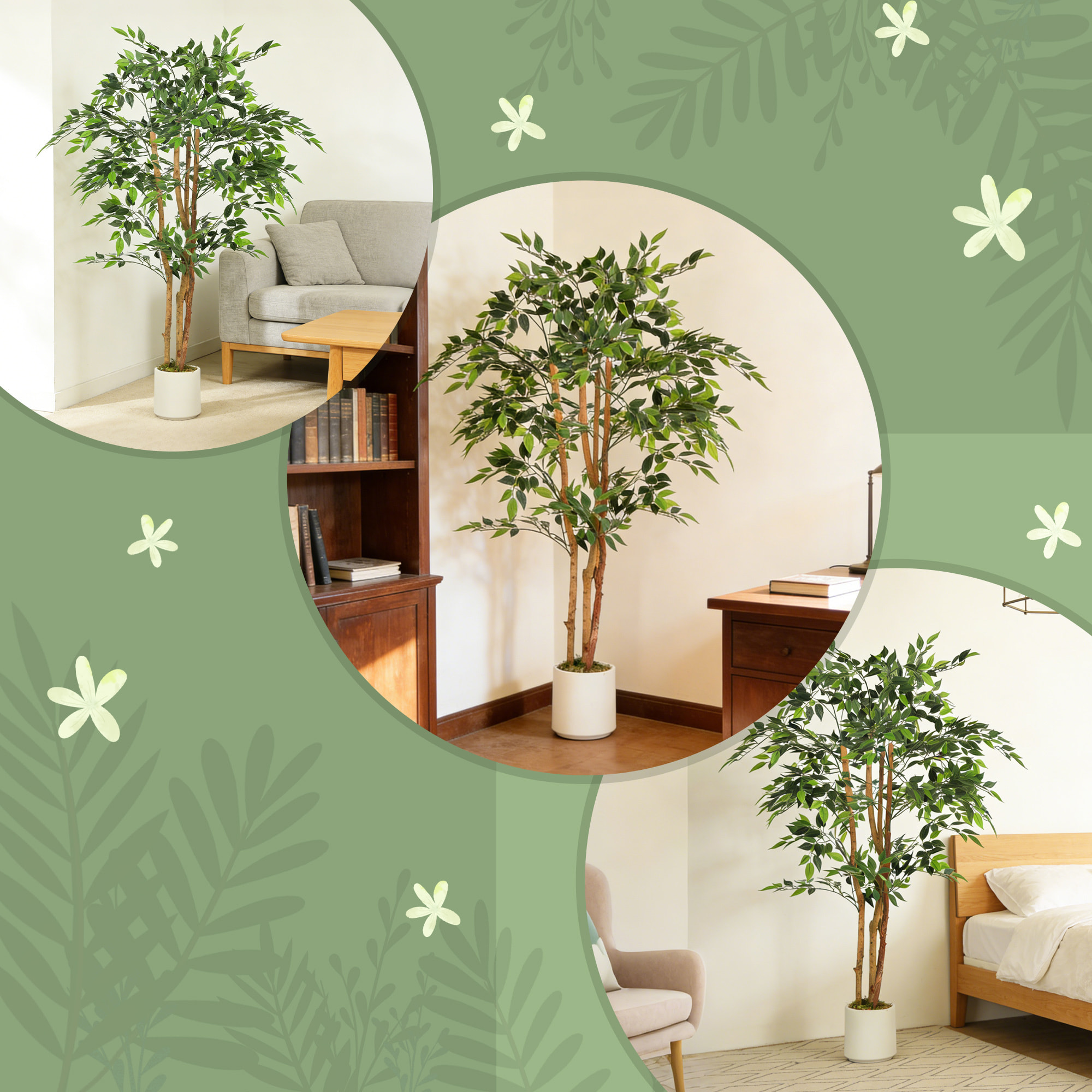 Ficus Artificial 150 cm, con Tronco Natural, Planta Artificial Realista para Interior con Maceta, Decoración para Hogar, Salón, Oficina, 65x65x150 cm, Verde