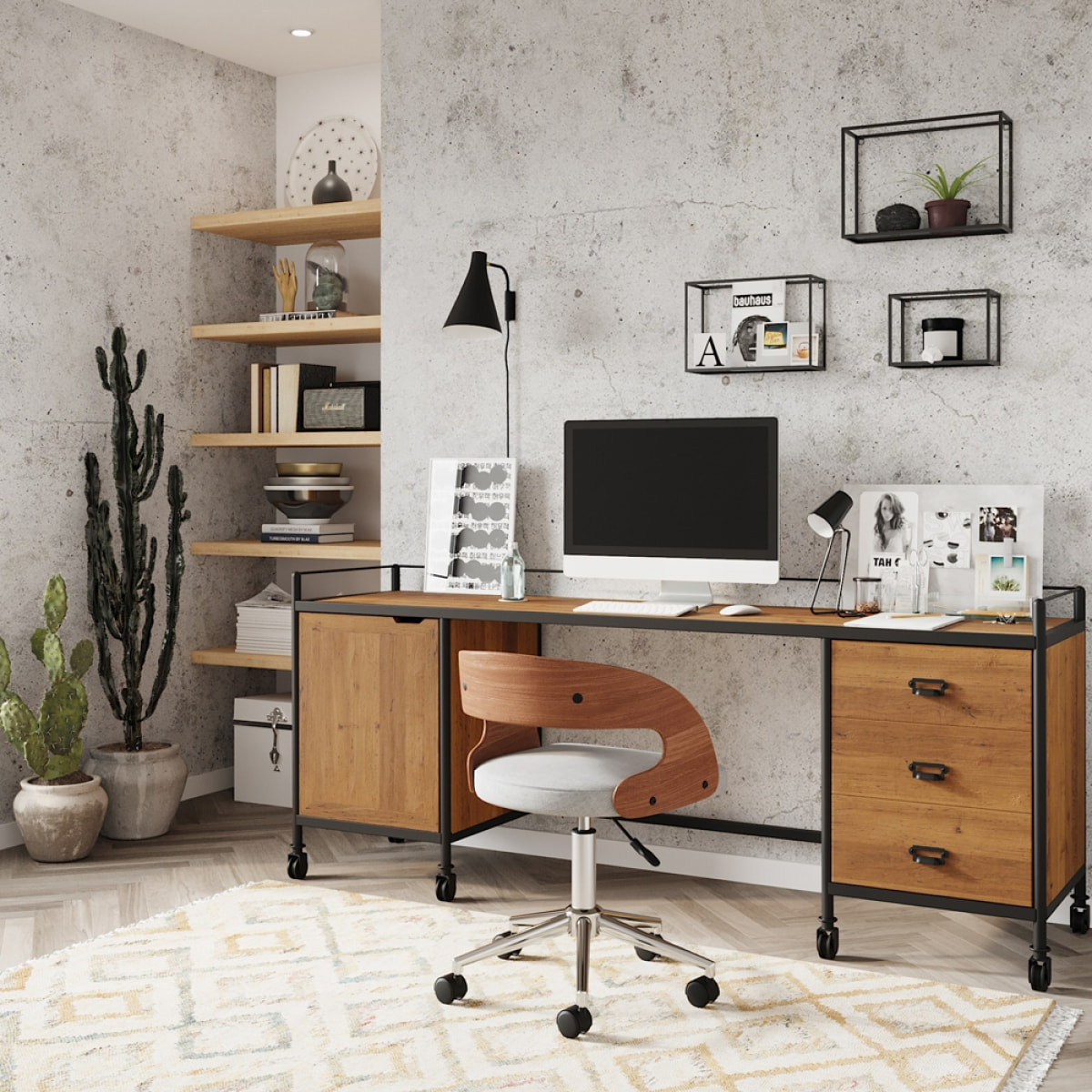Chaise de bureau pivotante et réglable en bois et tissu gris - Louis
