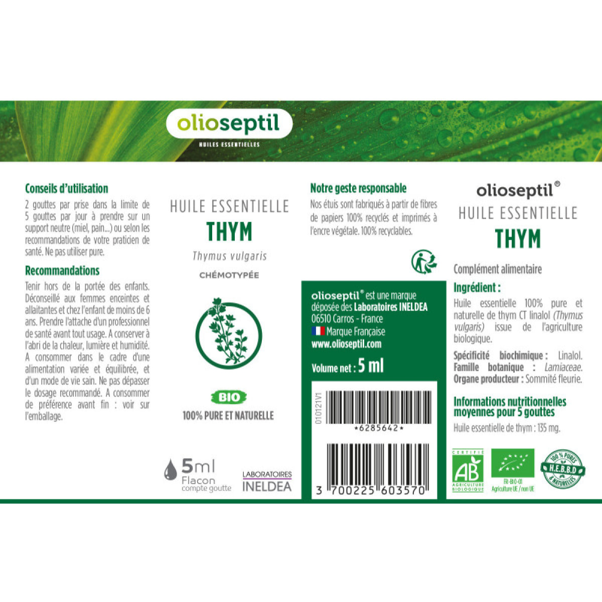 OLIOSEPTIL - Huile essentielle de Thym - 100% Pure et naturelle - BIO - HEBBD (biochimiquement et botaniquement définie) - 100% origine naturelle - Lot de 3 Flacons de 5 ml