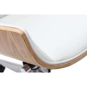 Fauteuil de bureau de direction design blanc, bois clair et acier chromé CURVED