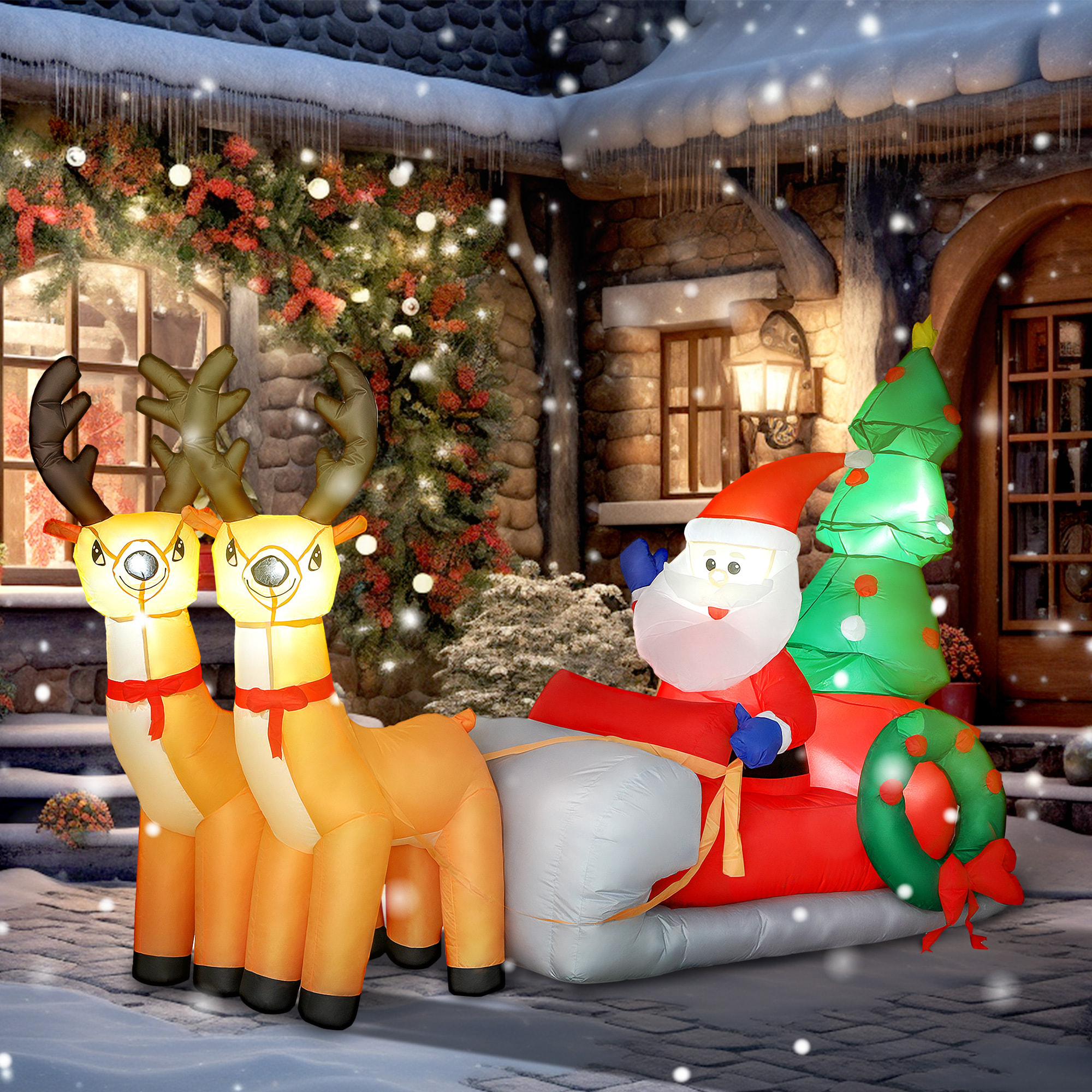 Papá Noel Hinchable con Trineo, Renos y Árbol, Inflables de Navidad con Luces LED, Decoración de Navidad para Exterior e Interior, 216x90x150 cm