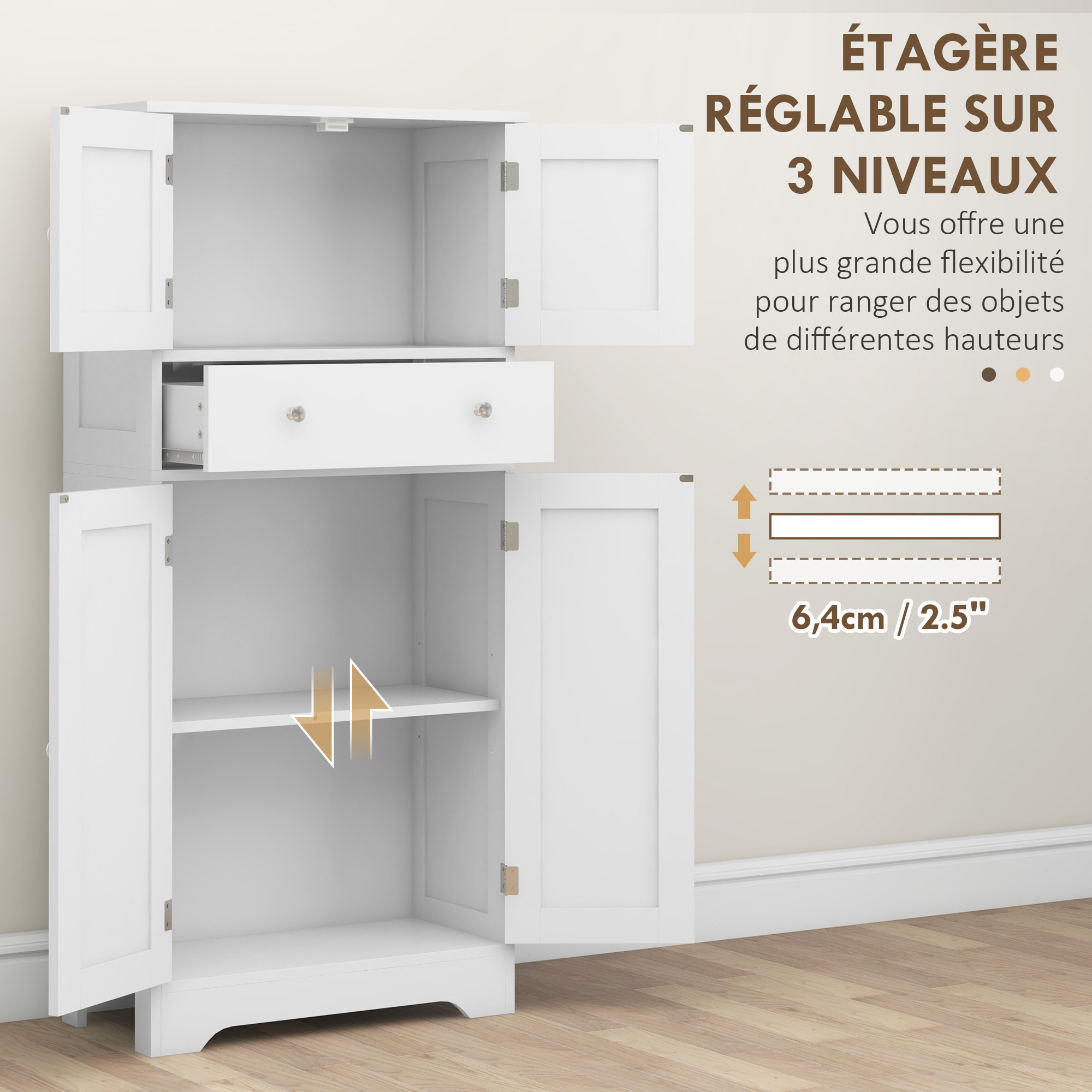 Armoire buffet cuisine - 4 portes, étagère, tiroir - dim. 60 x 30 x 128 cm - blanc