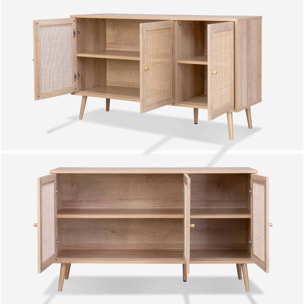 Buffet scandinave décor bois et cannage 3 portes 120cm BOHÈME