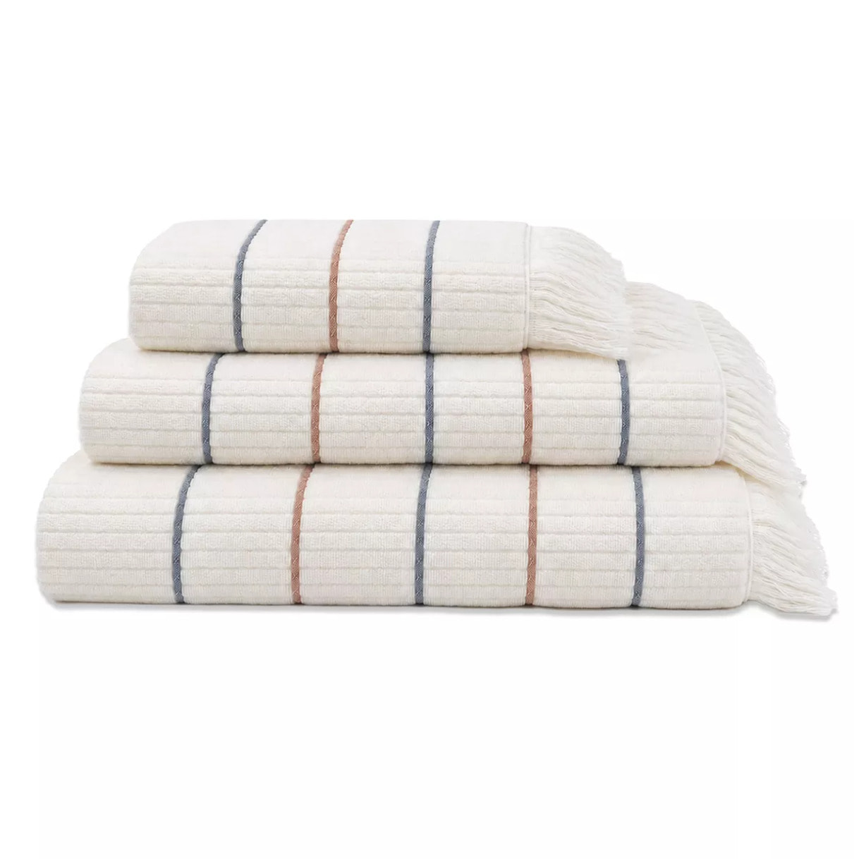 Drap de douche pur coton 580 g/m² tissé teint rayé bordeaux marine Farniente tangerine