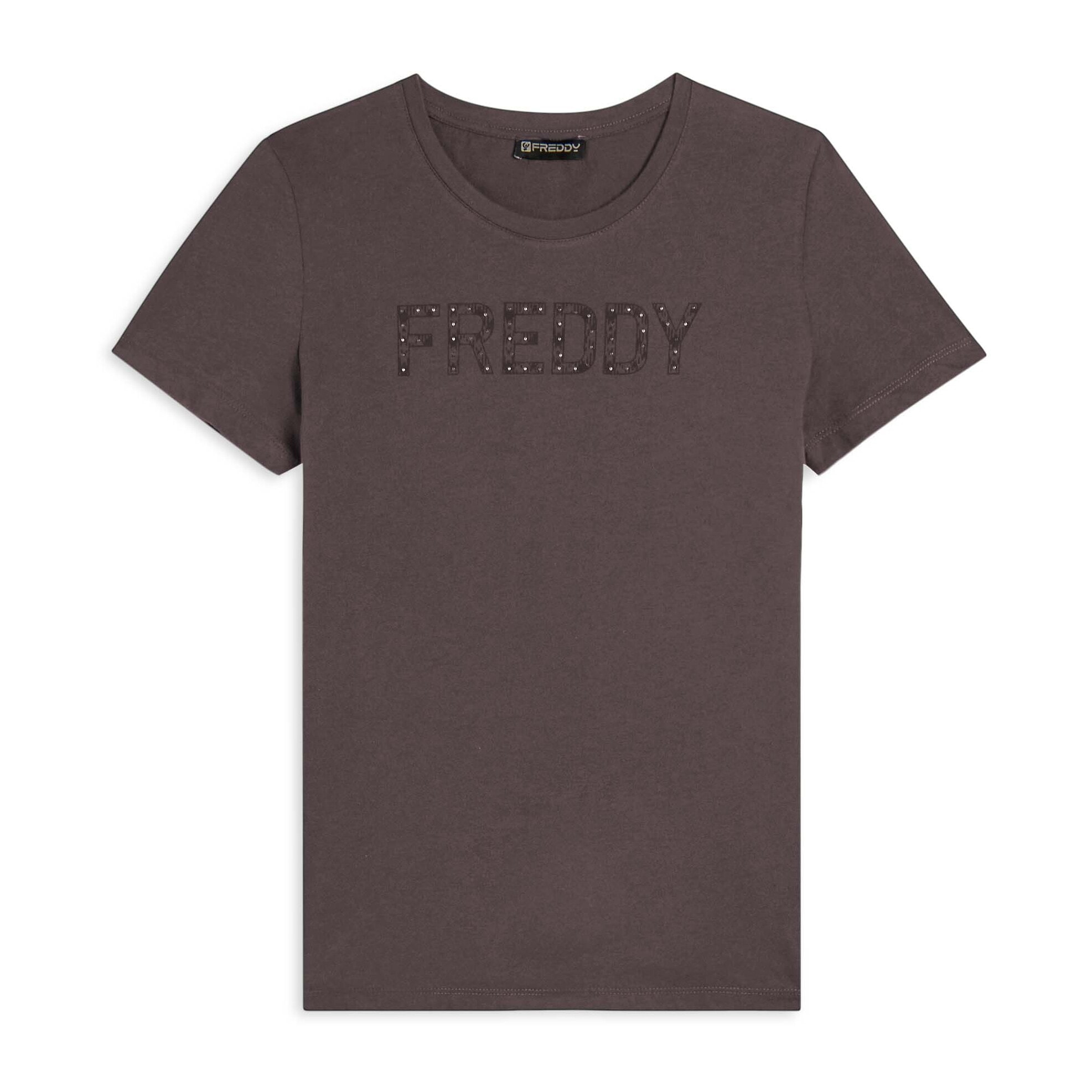 T-shirt con logo frontale in borchie