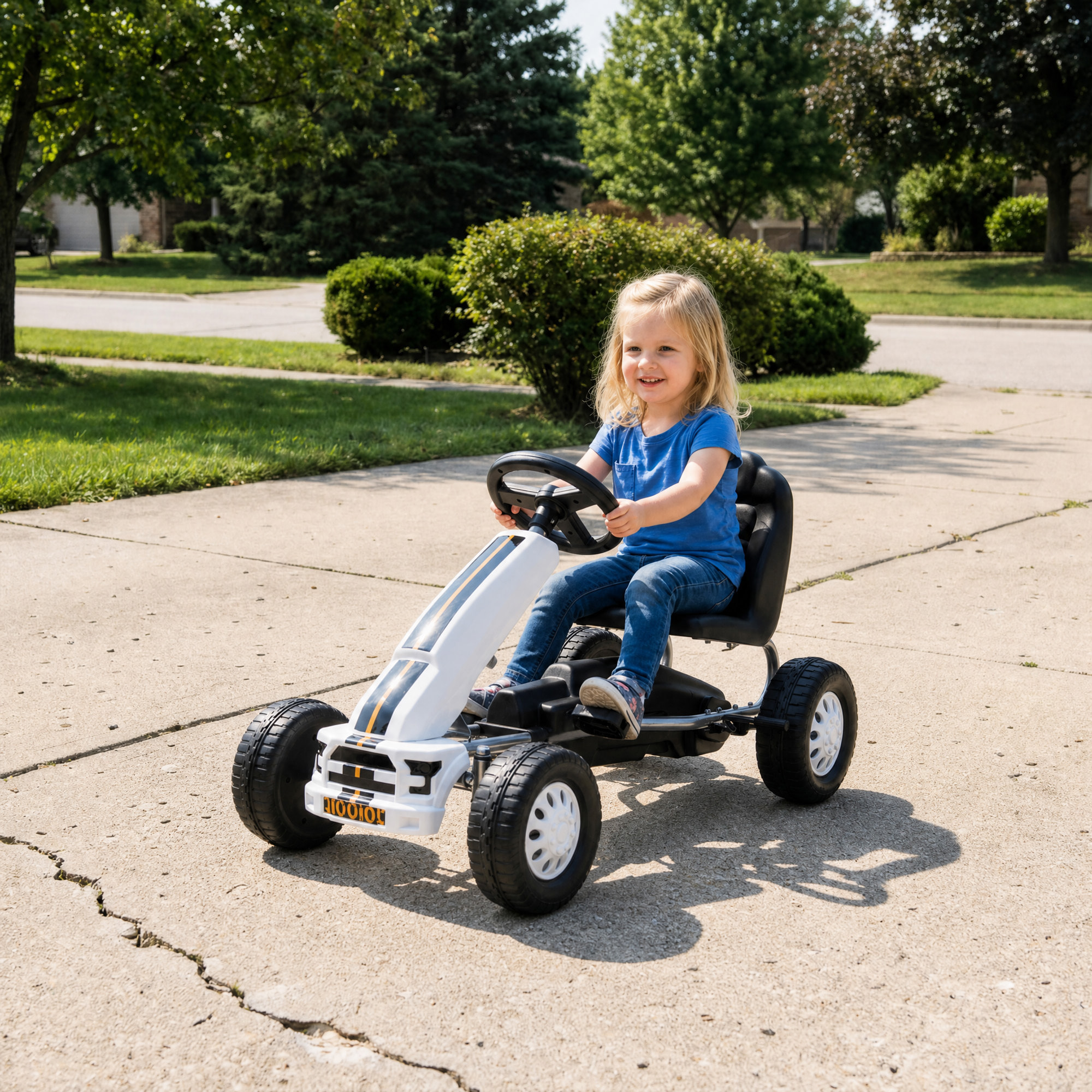 AIYAPLAY Kart Pedales para Niños de +3 Años, Go Kart con Asiento Ajustable, Volante, Freno Manual, Marco de Aluminio y Acero, Carga 30 kg, Blanco