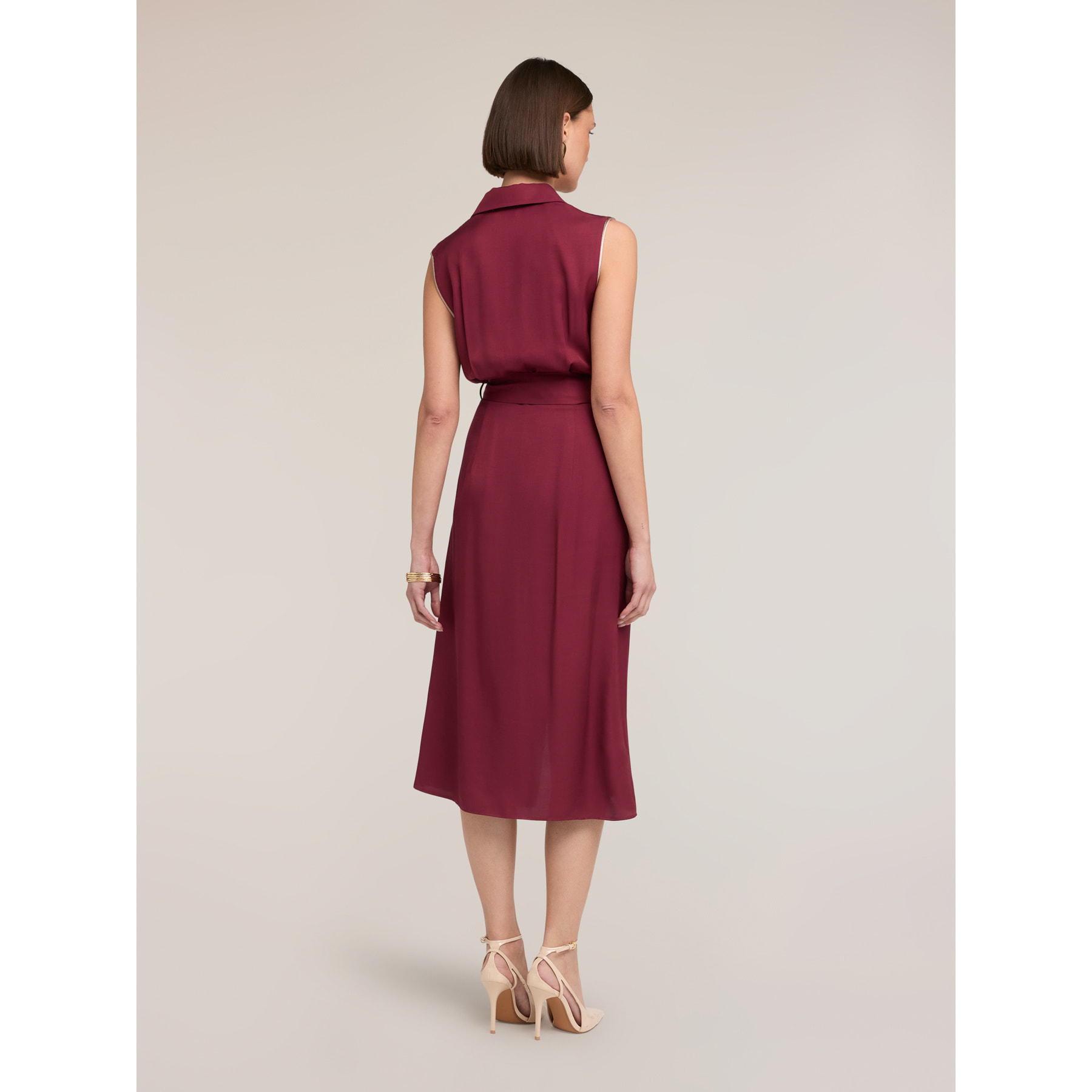 Motivi - Vestido camisero en twill con cinturón - Burgundy