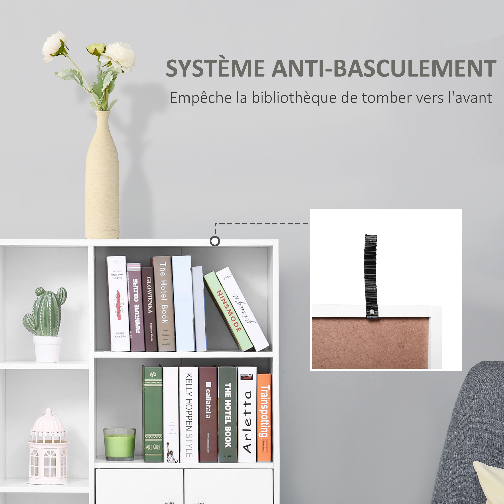 Bibliothèque scandinave 4 niches placard 2 portes