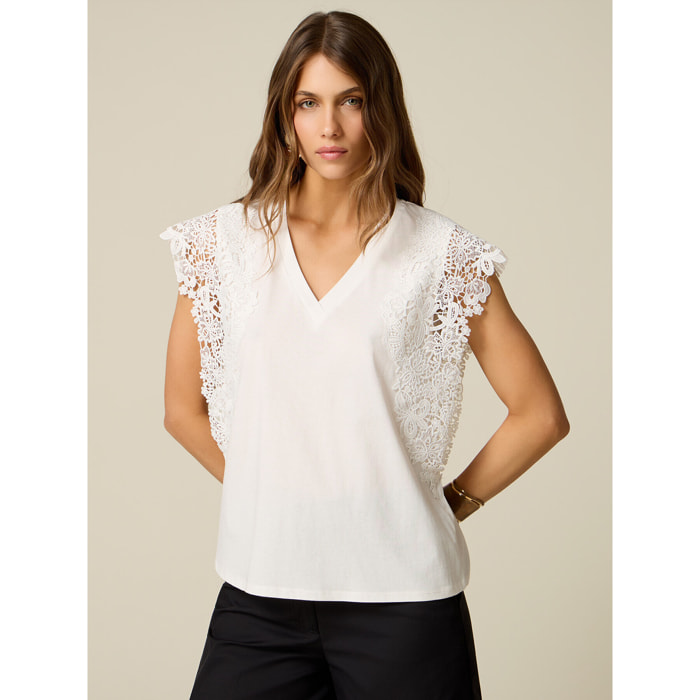 Oltre - T-shirt scollo a V con pizzo - Bianco