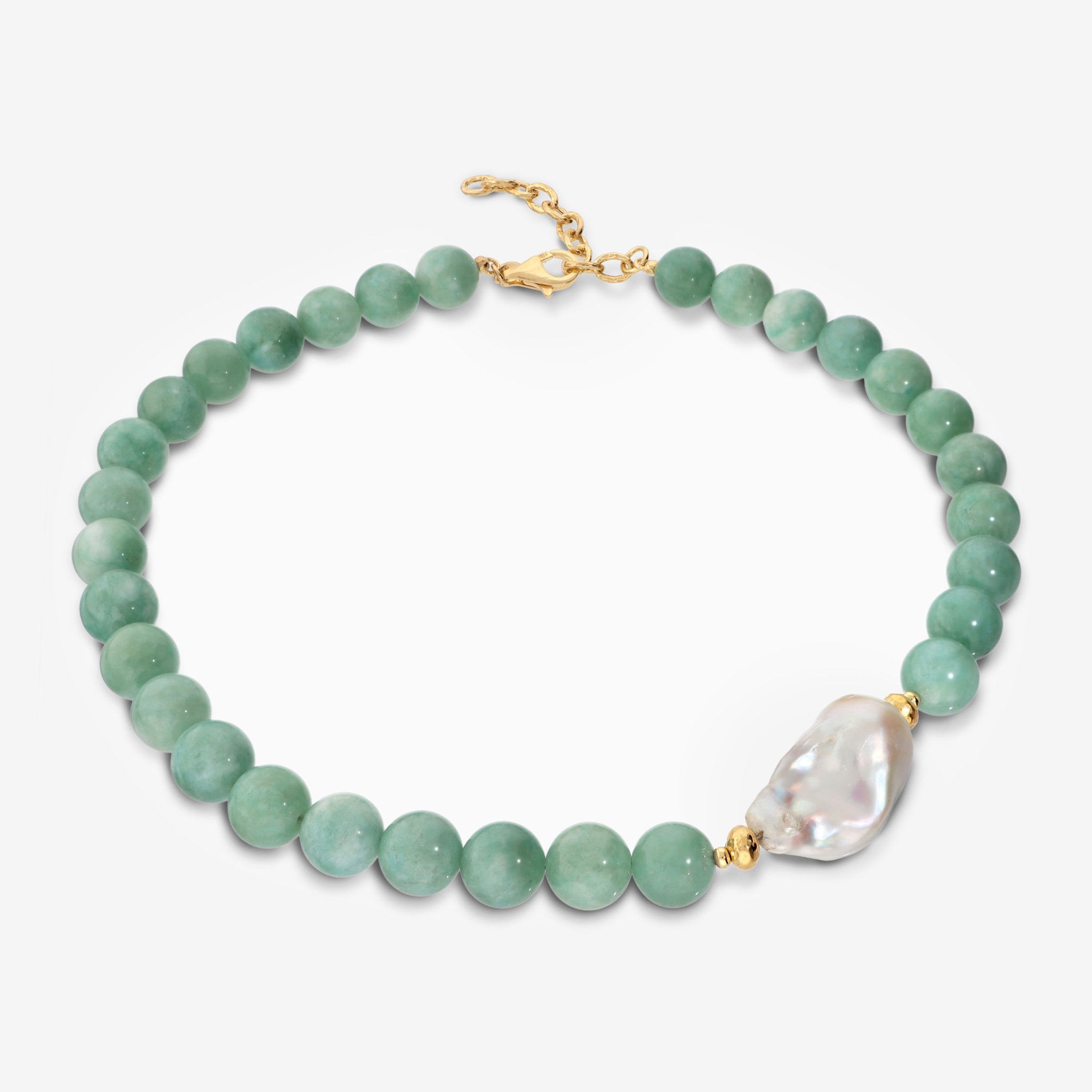 PERLAVIVA - Collana Girocollo con Quarzite Verde e Perla Scaramazza d'Acqua Dolce Bianca Ø 14/14.5 mm in Argento 925 placcato Oro Giallo 18Kt