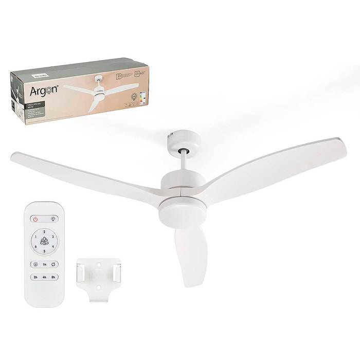 Ventilatore da soffitto con motore da 40W, 3 pale, luce LED da 18W e 6 velocità. Include telecomando con funzione estate/inverno per un comfort tutto l'anno.