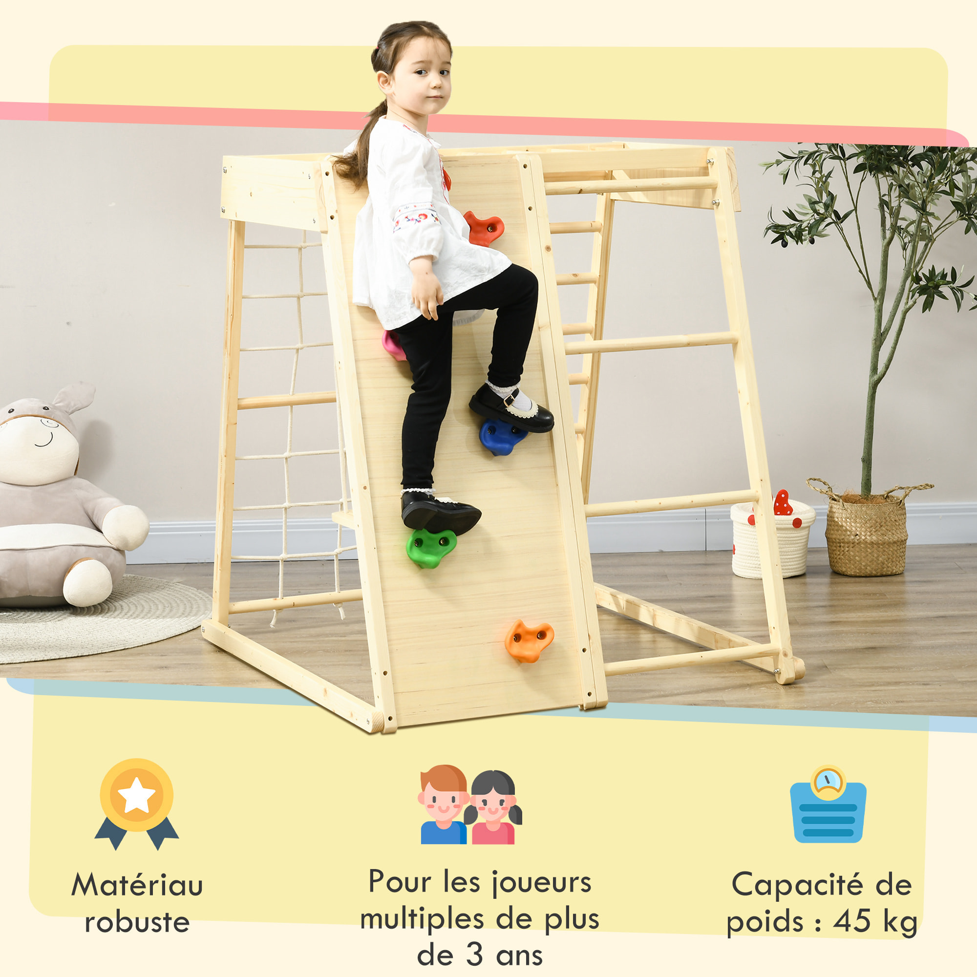 Ensemble d'escalade aire de jeux 5 en 1 avec balançoire, mur d'escalade, filet à grimper, échelle horizontale, jouets d'escalade pour enfants, 120 x 105 x 120 cm, bois naturel