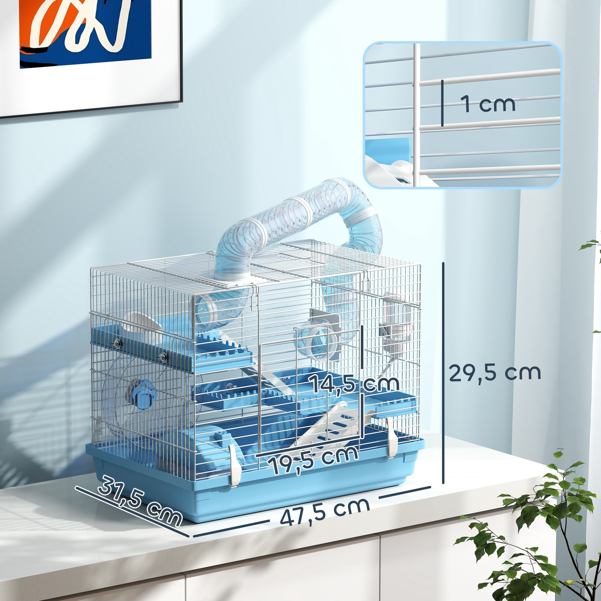 Cage pour hamster portable 2 portes 2 étages nombreux accessoires et tubes blanc bleu