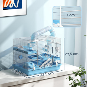 Cage pour hamster portable 2 portes 2 étages nombreux accessoires et tubes blanc bleu