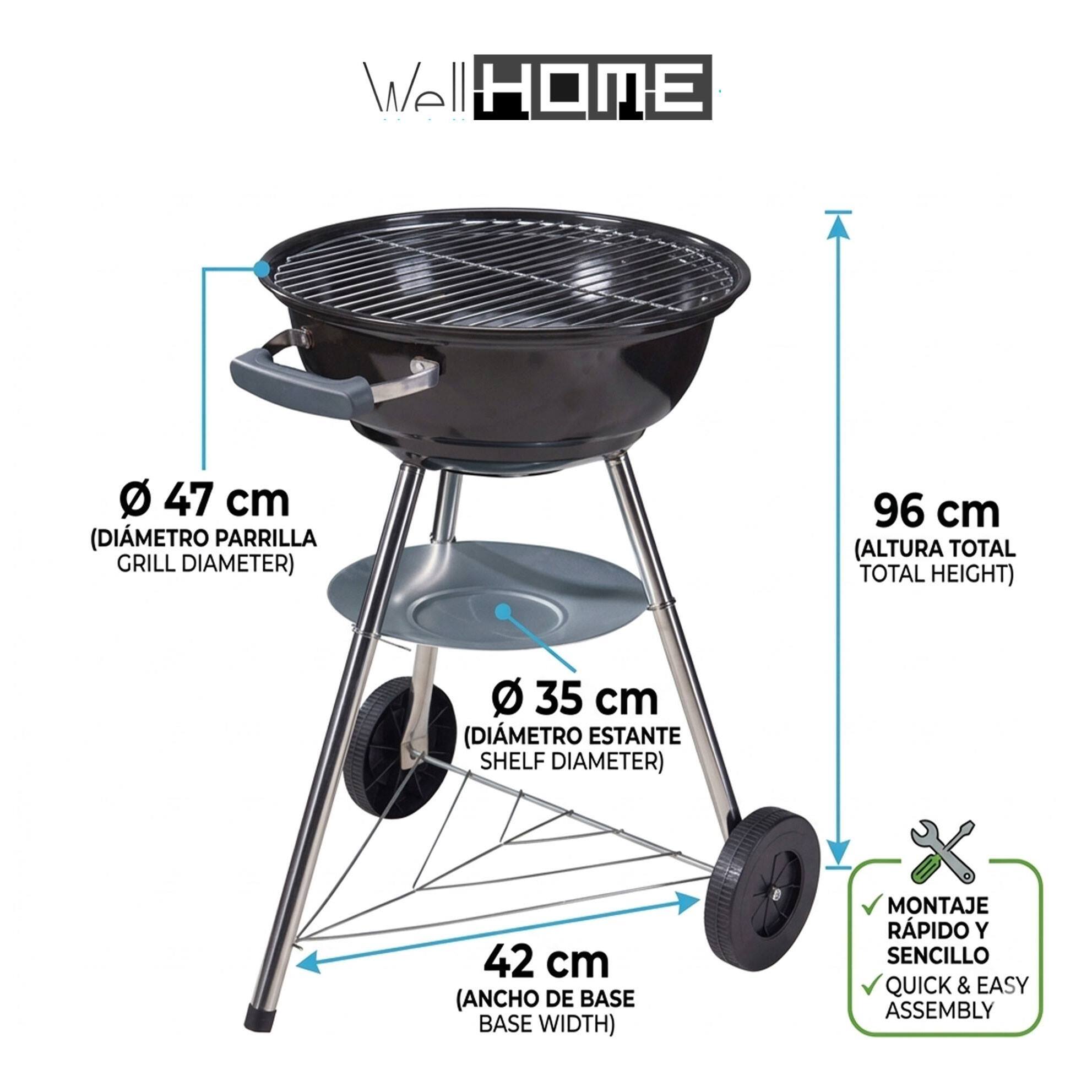Barbacoa de Carbón con Ruedas Ø47cm - Parrilla de Acero Cromado y Rejilla para Carbón - Para Jardín, con Patas de Acero Inoxidable