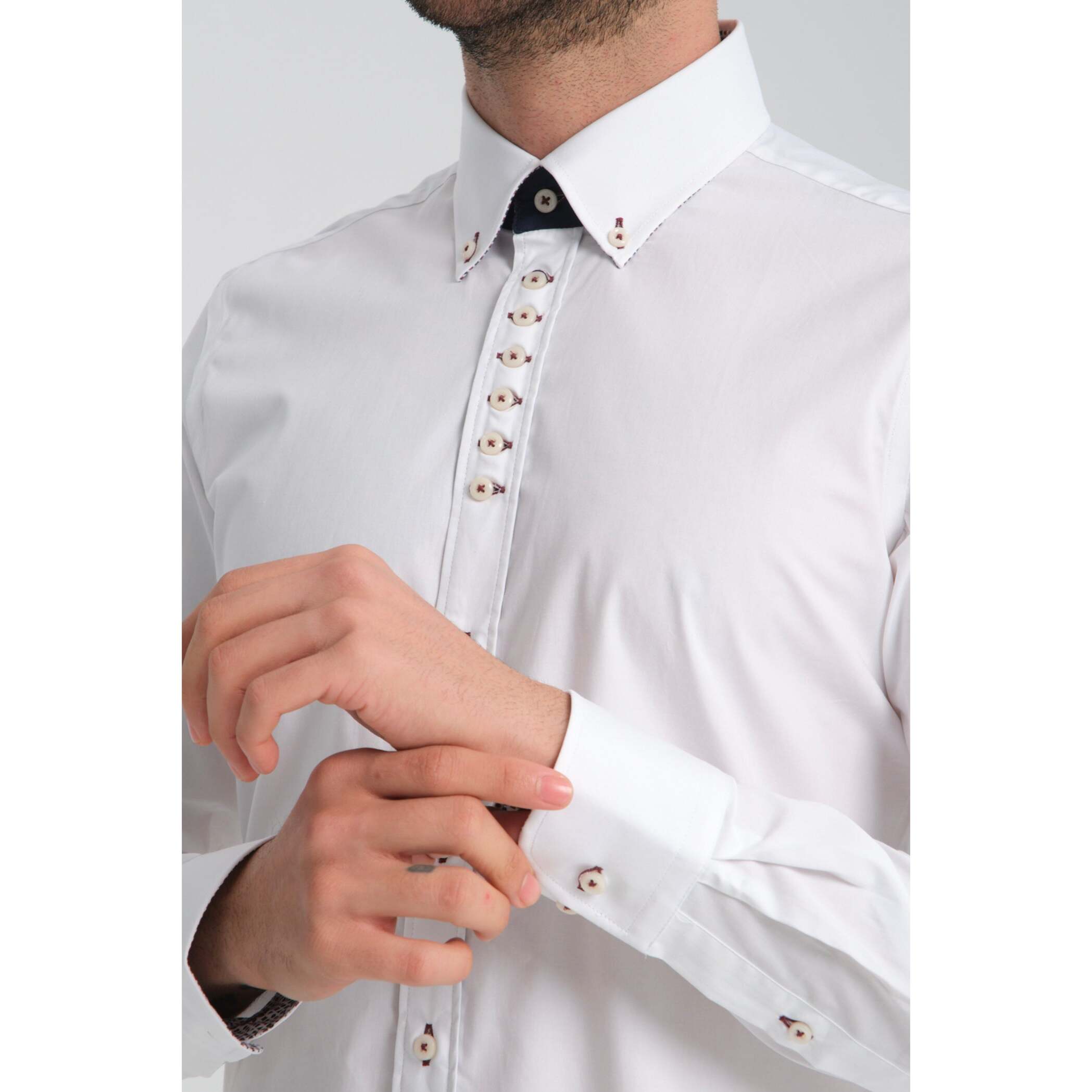 Camicia Uomo 1 Bottoni Button Down Slim Popeline Stretch Unito Bianco