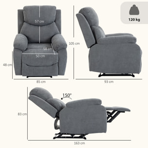 Sillón Relax Reclinable Manual, Sillón Relax Moderno, Tapizado en Tela Aspecto Lino, Reposapiés, Reposabrazos, Acolchado Grueso, Butaca Reclinable hasta 150°, Carga 120 kg, para Salón, Girs