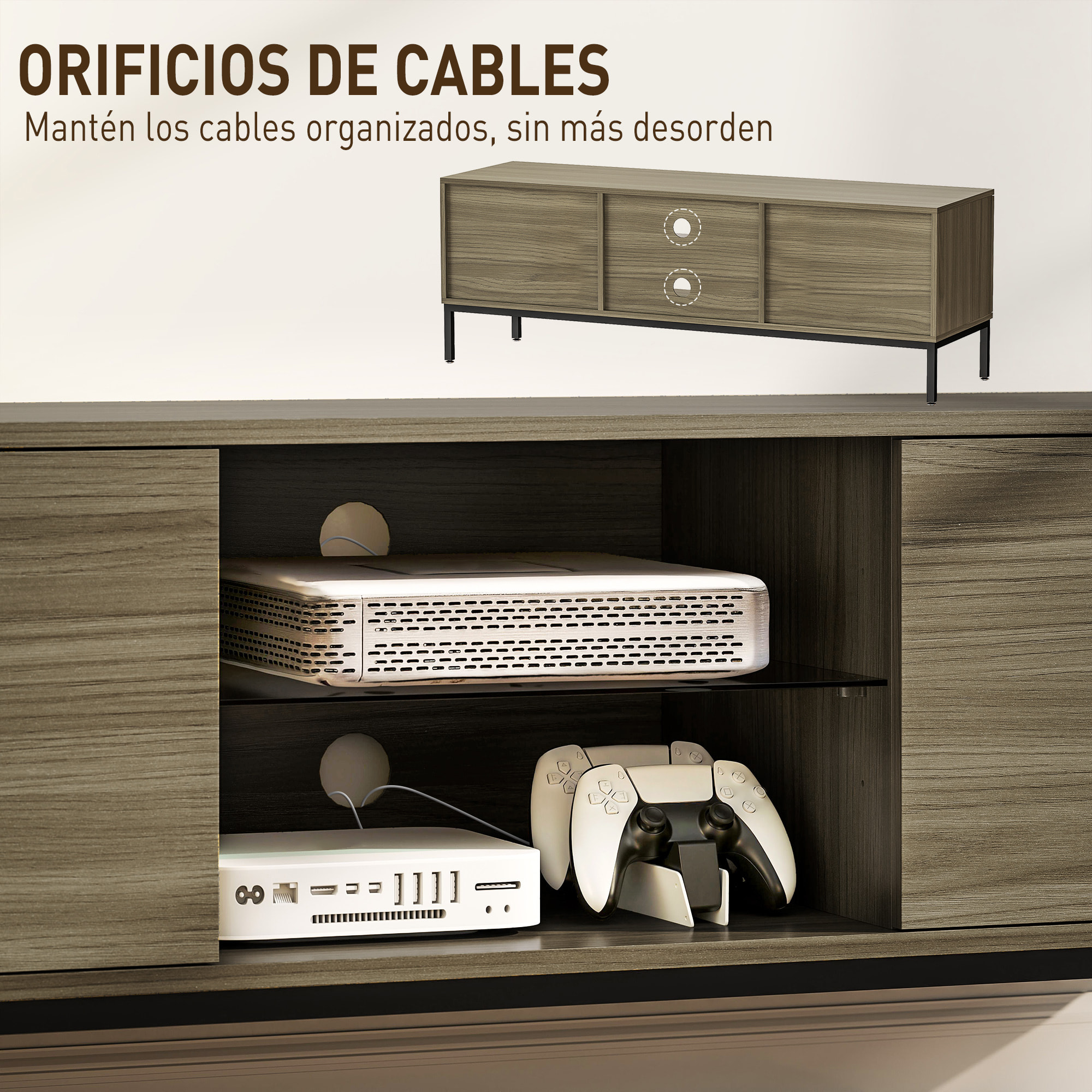 Mueble de TV Moderno Mueble de TV para Salón con 2 Compartimentos Abiertos 2 Puertas Estante de Cristal Ajustable y 2 Orificios para Cables para Televisión hasta 60 Pulgadas 140x40x49,5 cm Gris