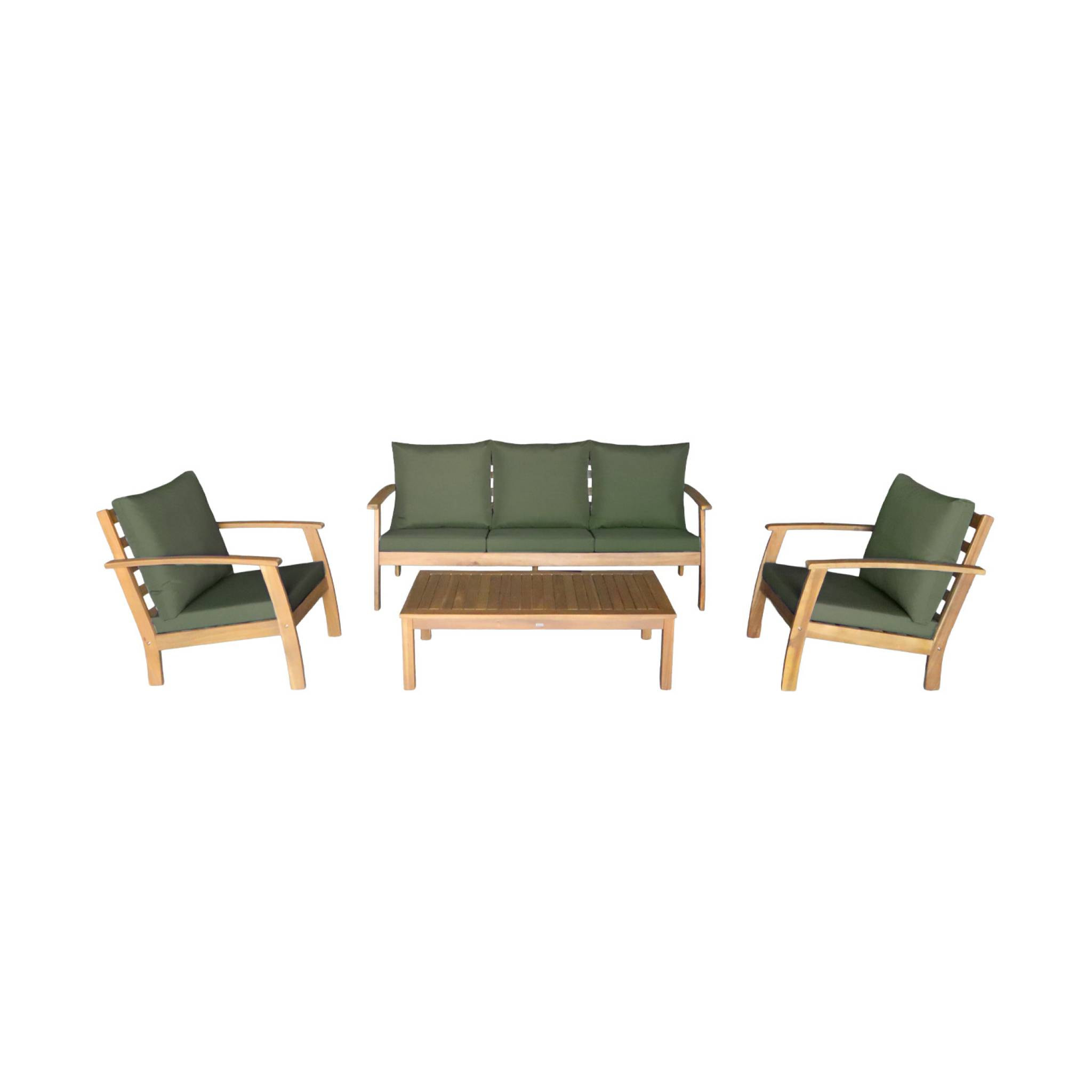 Salon de jardin USHUAIA 5 places kaki en bois d'acacia. un canapé. une table. deux fauteuils