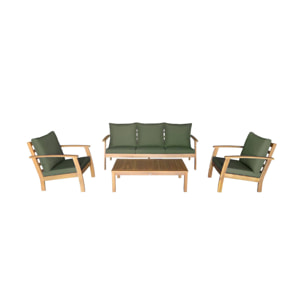 Salon de jardin USHUAIA 5 places kaki en bois d'acacia. un canapé. une table. deux fauteuils