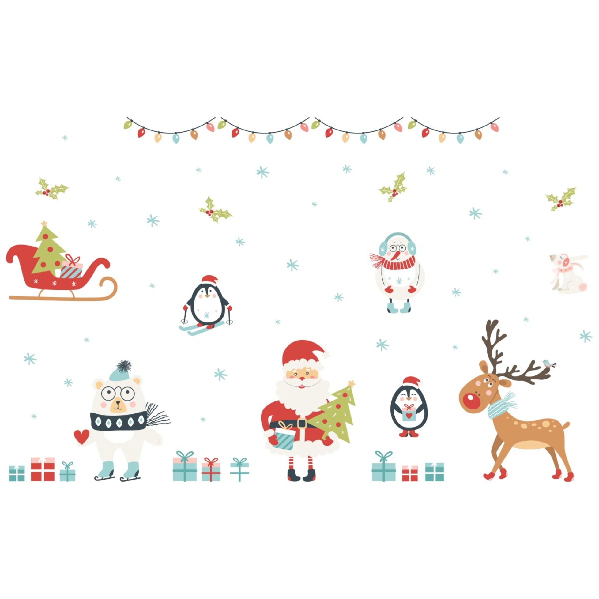 Sticker Noël le père noël et les animaux sous la neige de noël - Autocollants stickers adhésifs noël - décoration fêtes