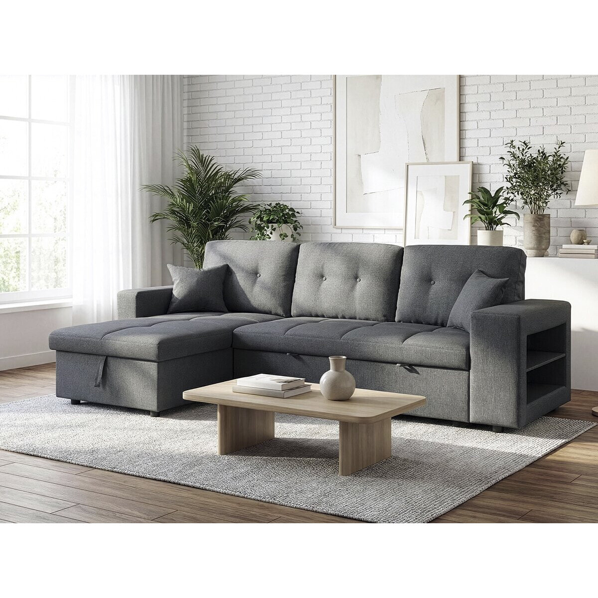 Canapé d'angle convertible/réversible tissu style bubble "Axel" - 3 places - Gris